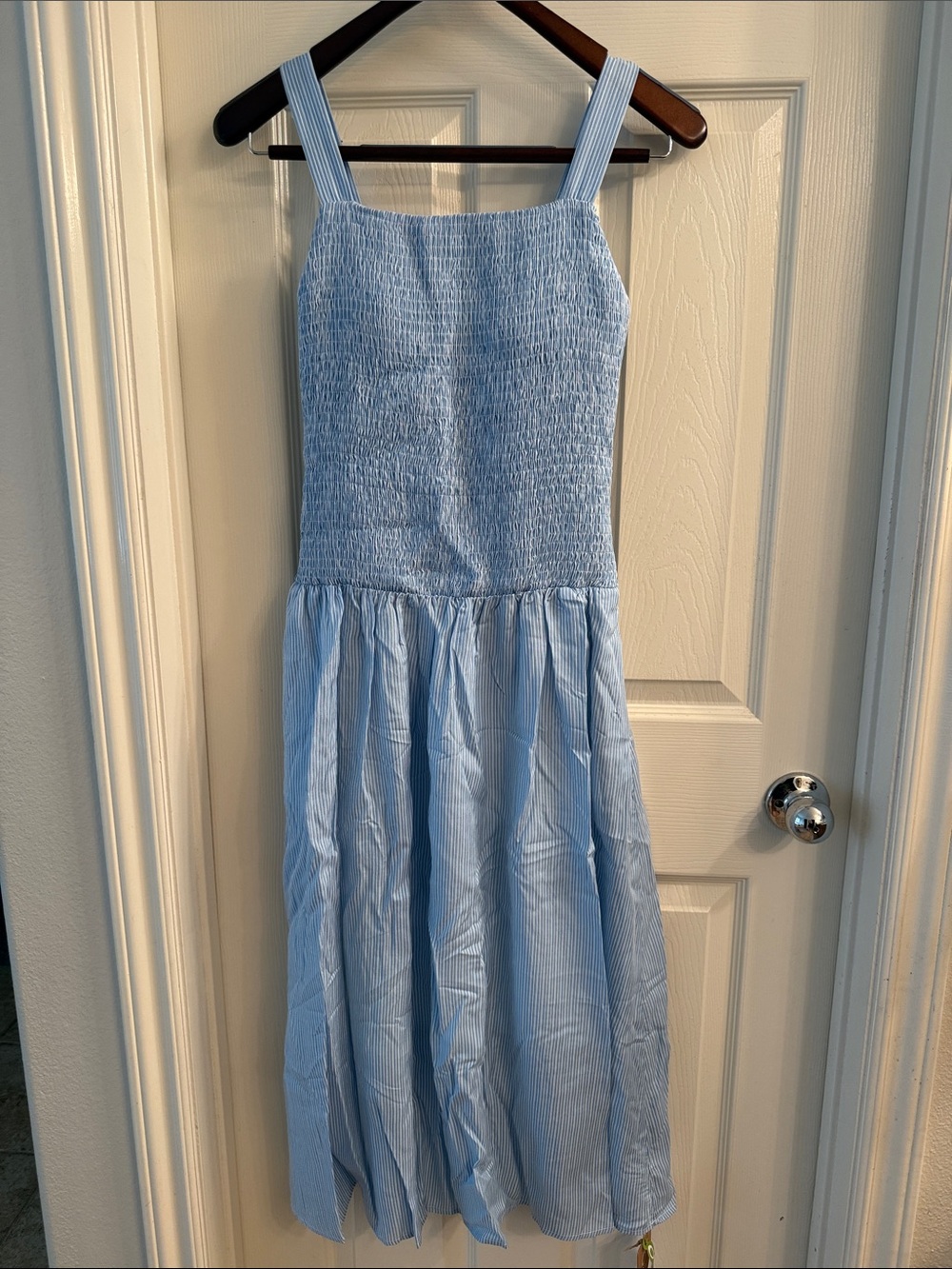 OGL Sky Blue Striped Poplin Square Neck Smocked Midi Bra Dress Size Small